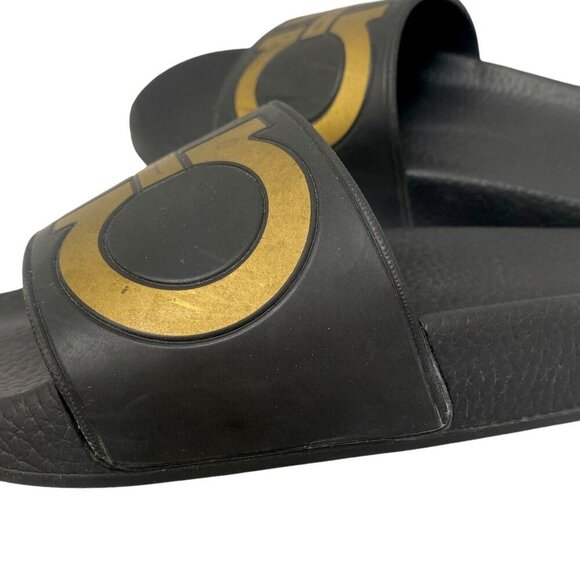 Salvatore Ferragamo Logo Slides Size 6 Designer Sandals Black Gold - Picture 5 of 12